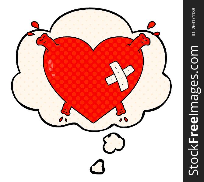 cartoon heart squirting blood with thought bubble in comic book style