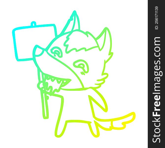 Cold Gradient Line Drawing Cartoon Hungry Wolf With Sign Post