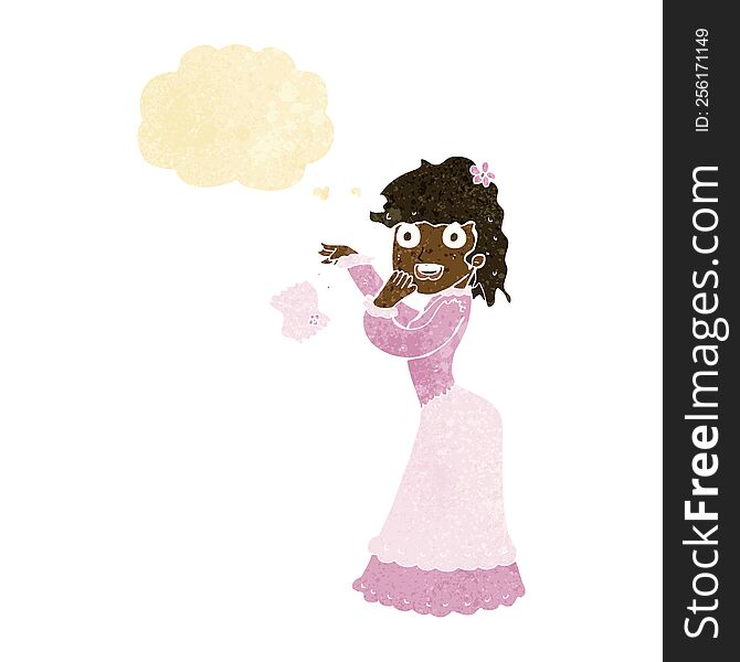 cartoon victorian woman dropping handkerchief with thought bubble