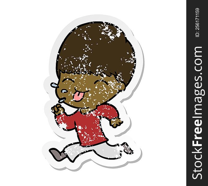 Distressed Sticker Of A Cartoon Boy Sticking Out Tongue