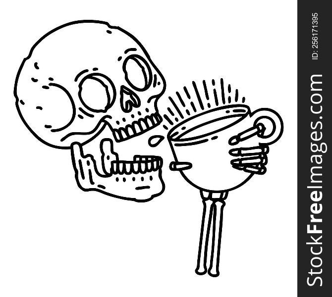 tattoo in black line style of a skull drinking coffee. tattoo in black line style of a skull drinking coffee