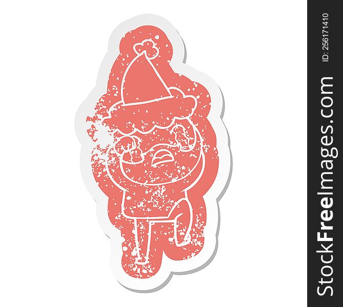 quirky cartoon distressed sticker of a bearded man crying and stamping foot wearing santa hat