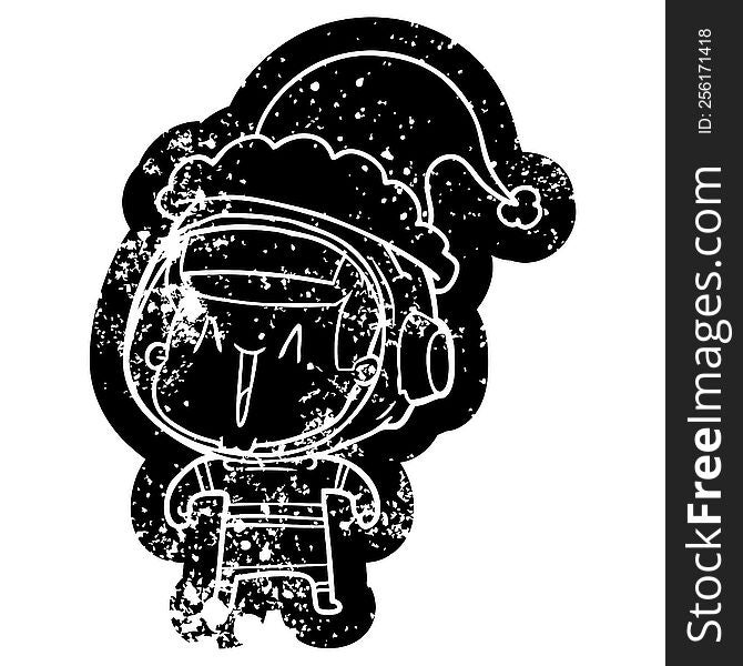 quirky cartoon distressed icon of a astronaut man wearing santa hat
