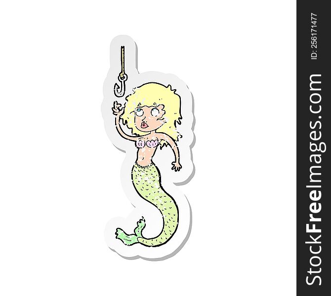 retro distressed sticker of a cartoon mermaid and fish hook