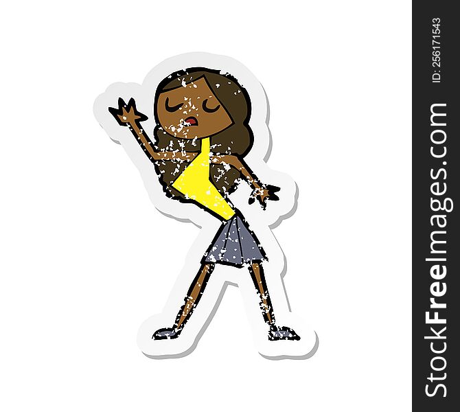 retro distressed sticker of a cartoon woman dancing