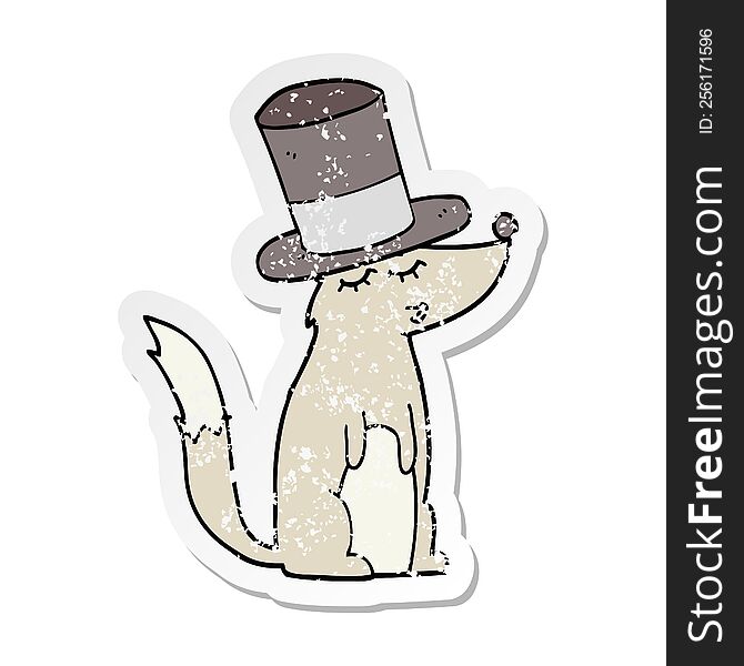 Distressed Sticker Of A Cartoon Wolf Whistling Wearing Top Hat