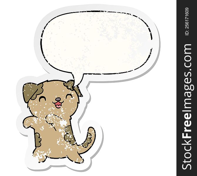 Cute Cartoon Puppy And Speech Bubble Distressed Sticker