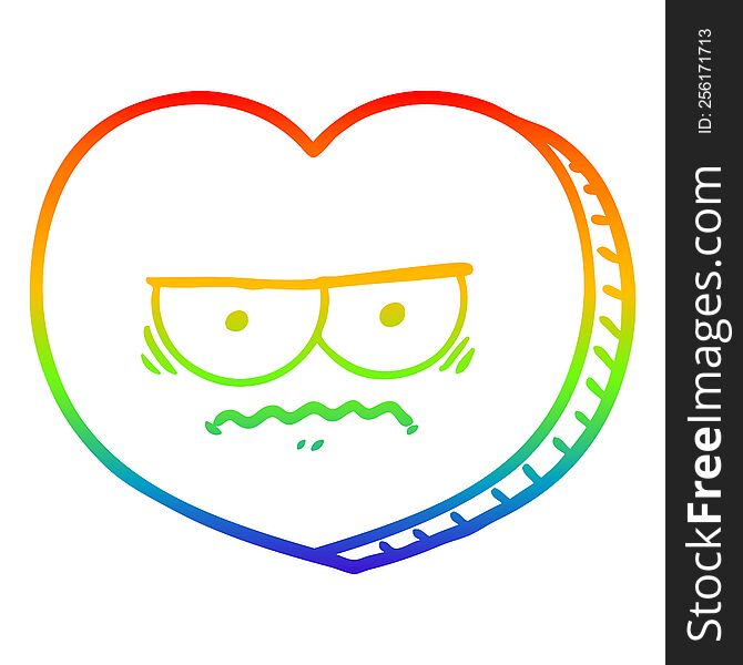 rainbow gradient line drawing of a cartoon angry heart