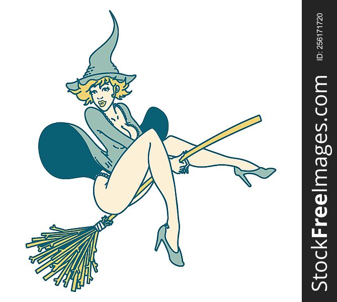 tattoo in traditional style of a pinup witch. tattoo in traditional style of a pinup witch