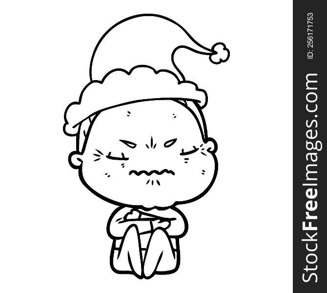 hand drawn line drawing of a annoyed old lady wearing santa hat