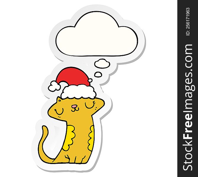 Cute Cartoon Cat Wearing Christmas Hat And Thought Bubble As A Printed Sticker