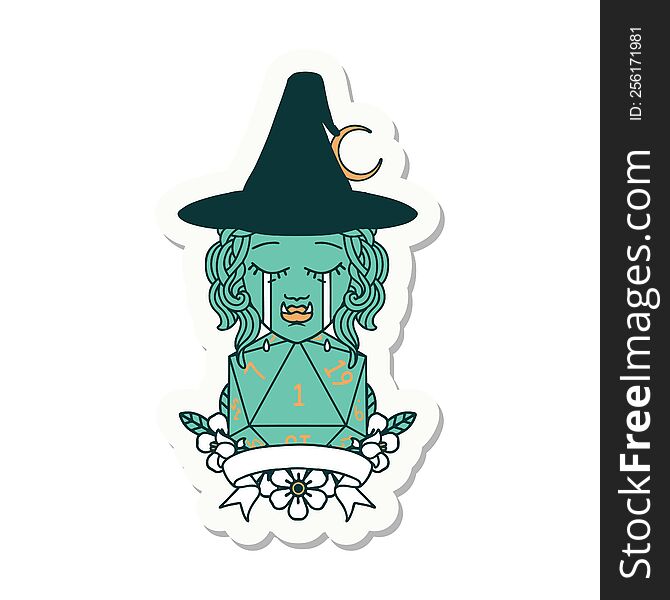 Crying Half Orc Witch Character With Natural One Roll Sticker
