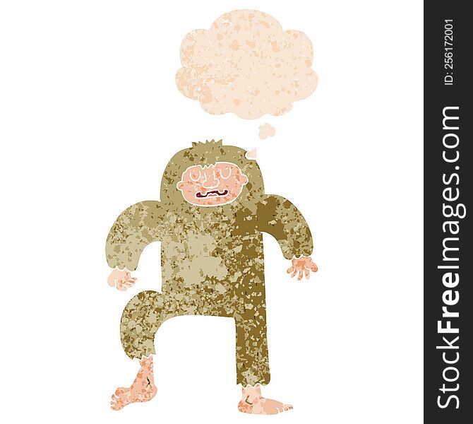 cartoon bigfoot with thought bubble in grunge distressed retro textured style. cartoon bigfoot with thought bubble in grunge distressed retro textured style