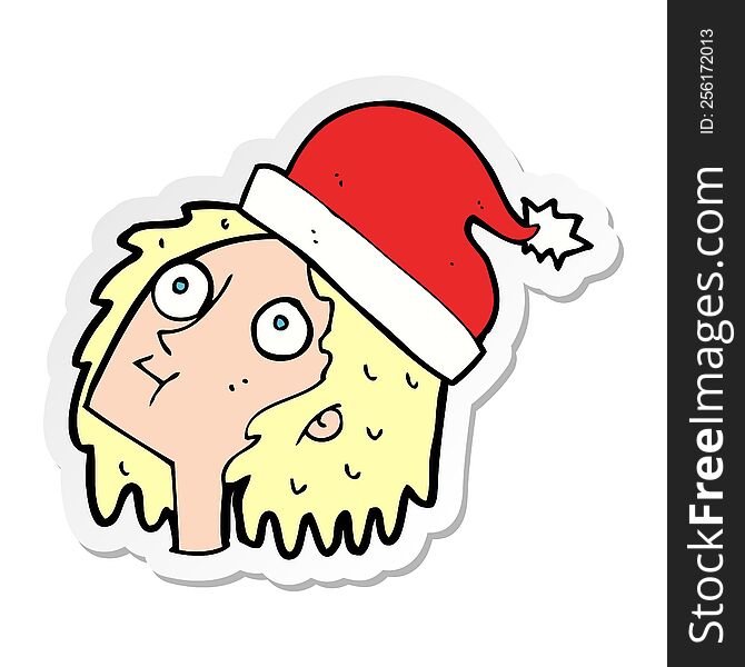 Sticker Of A Cartoon Woman Wearing Christmas Hat