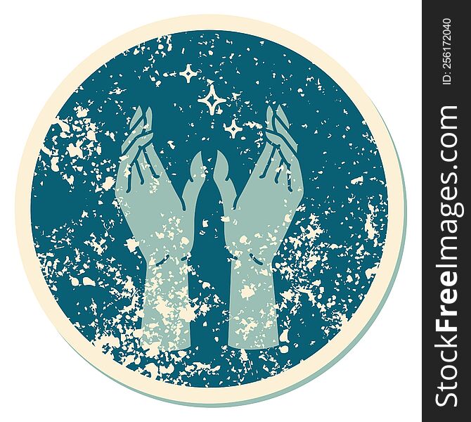 iconic distressed sticker tattoo style image of reaching hands. iconic distressed sticker tattoo style image of reaching hands