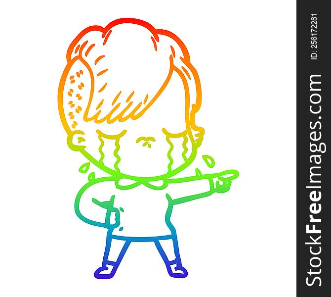 Rainbow Gradient Line Drawing Cartoon Crying Girl