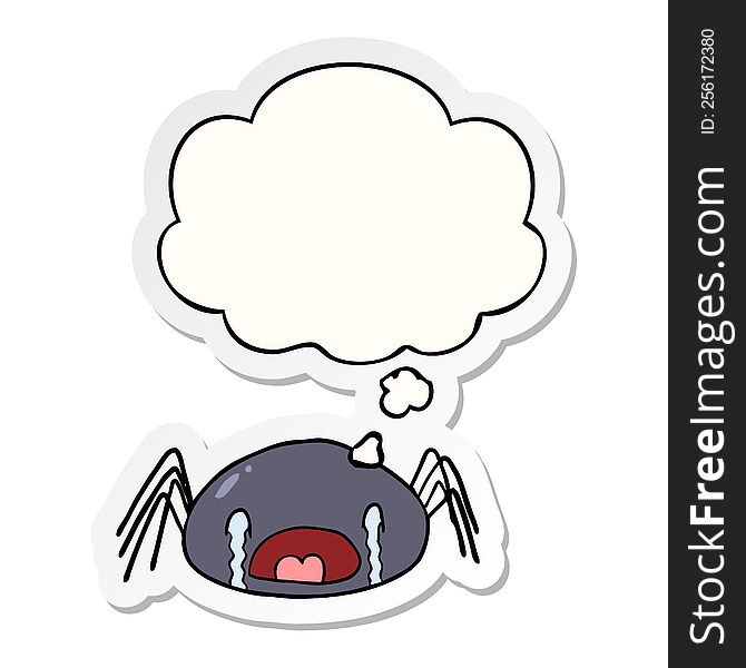 cartoon crying spider with thought bubble as a printed sticker