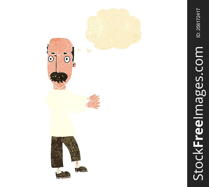 cartoon balding man explaining with thought bubble