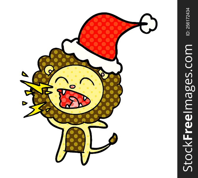 hand drawn comic book style illustration of a roaring lion wearing santa hat