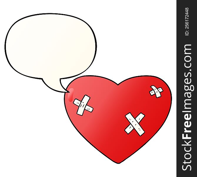 cartoon beaten up heart with speech bubble in smooth gradient style