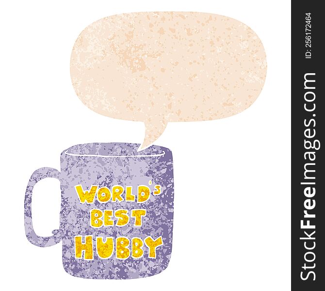 worlds best hubby mug and speech bubble in retro textured style