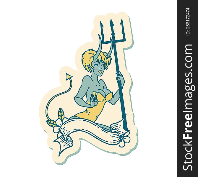 sticker of tattoo in traditional style of a pinup devil girl with banner. sticker of tattoo in traditional style of a pinup devil girl with banner