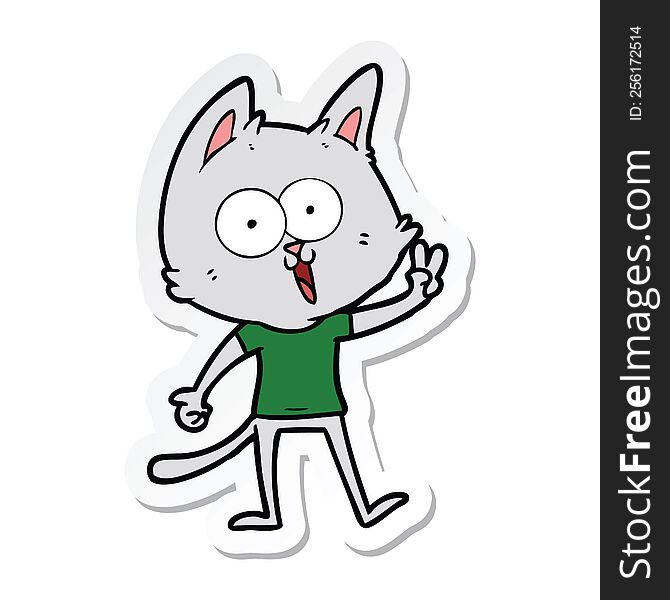 sticker of a funny cartoon cat giving peace sign