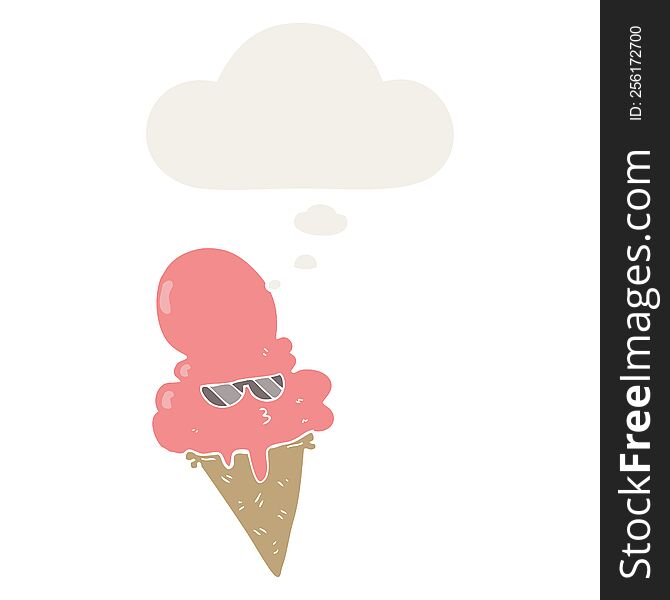 Cartoon Cool Ice Cream And Thought Bubble In Retro Style
