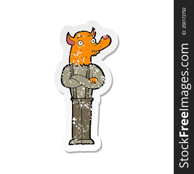 Retro Distressed Sticker Of A Cartoon Man With Fox Head