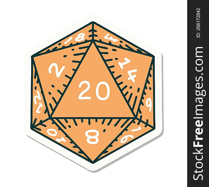 sticker of tattoo in traditional style of a d20 dice. sticker of tattoo in traditional style of a d20 dice