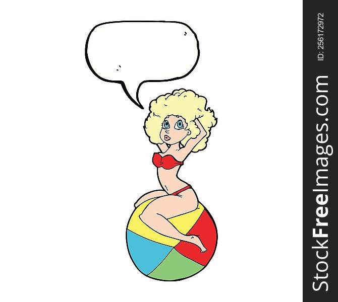 Cartoon Pin Up Girl Sitting On Ball With Speech Bubble