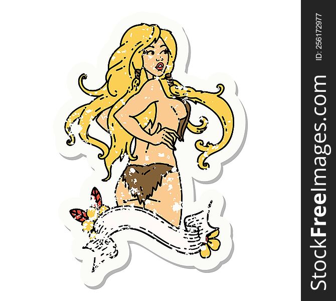 Distressed Sticker Tattoo Of A Pinup Viking Girl With Banner