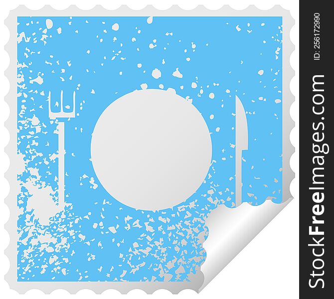 distressed square peeling sticker symbol of a plate and cutlery