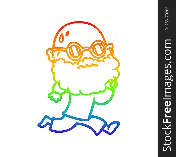 rainbow gradient line drawing of a cartoon running man with beard and sunglasses sweating
