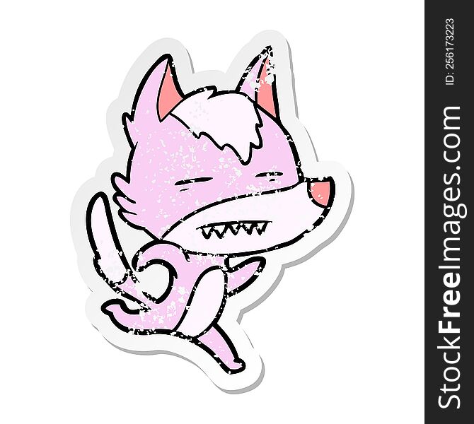 Distressed Sticker Of A Cartoon Wolf Running Showing Teeth