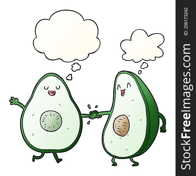 cartoon dancing avocados and thought bubble in smooth gradient style