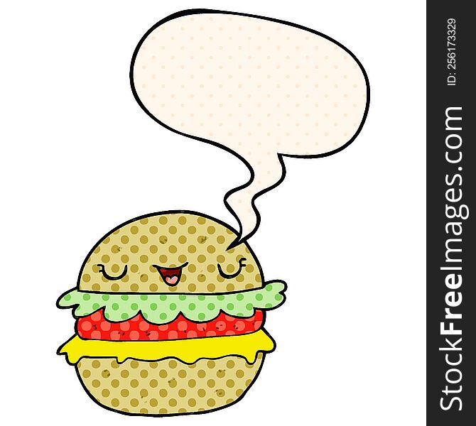Cartoon Burger And Speech Bubble In Comic Book Style