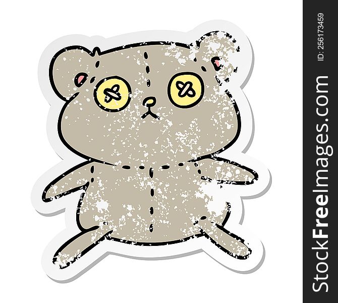 freehand drawn distressed sticker cartoon of a cute stiched up teddy bear