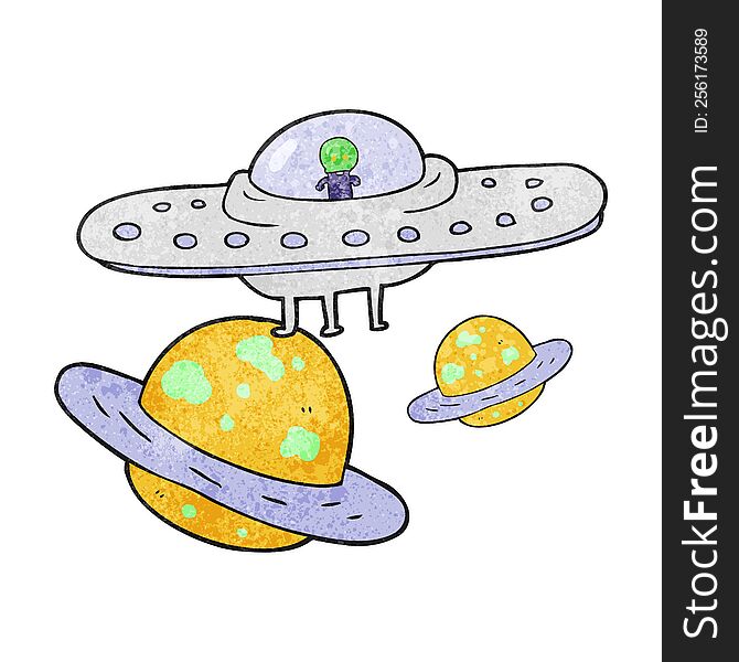 freehand textured cartoon flying saucer in space