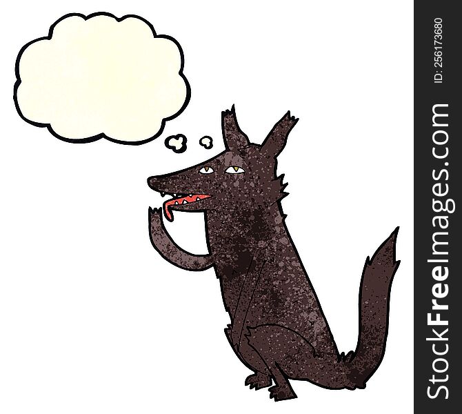 cartoon wolf licking paw with thought bubble