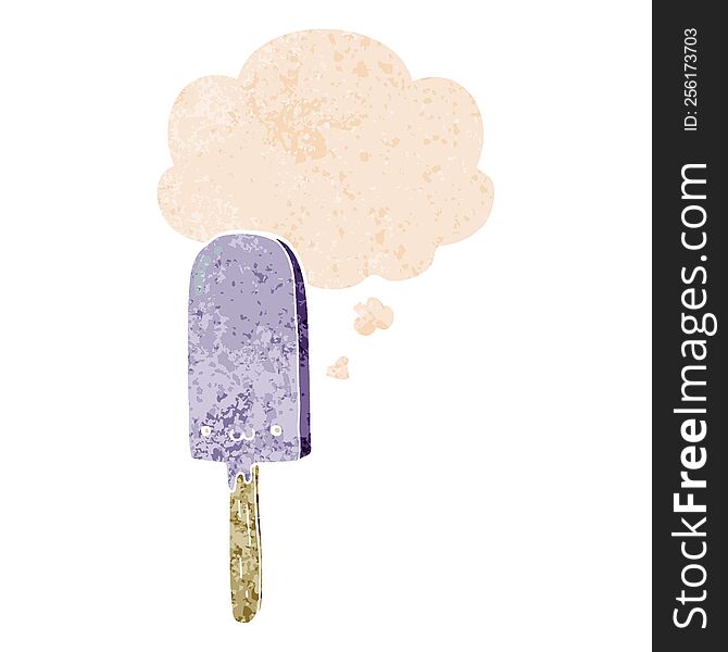 Cartoon Ice Lolly And Thought Bubble In Retro Textured Style