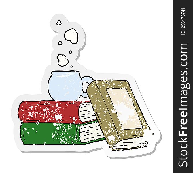 distressed sticker of a cartoon coffee cup and study books