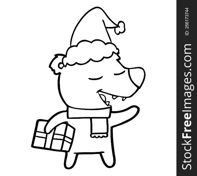 hand drawn line drawing of a bear with present wearing santa hat