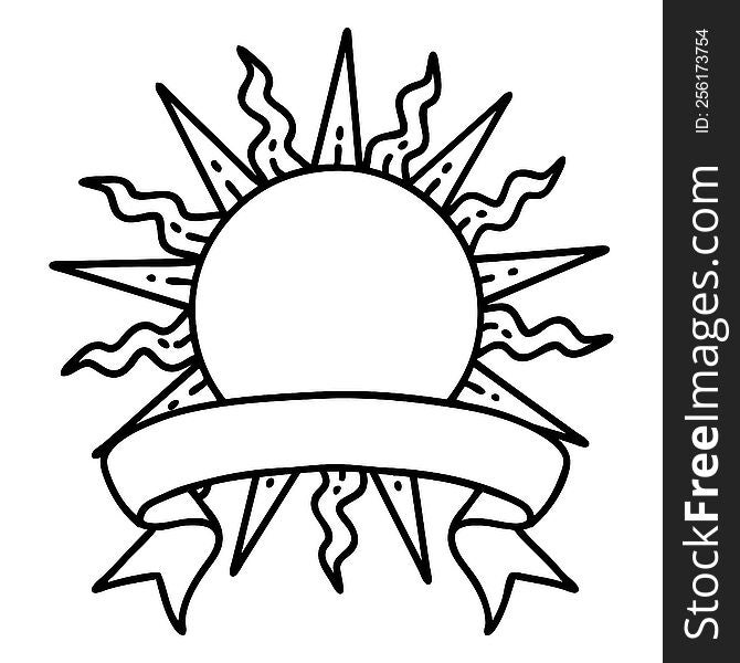 traditional black linework tattoo with banner of a sun