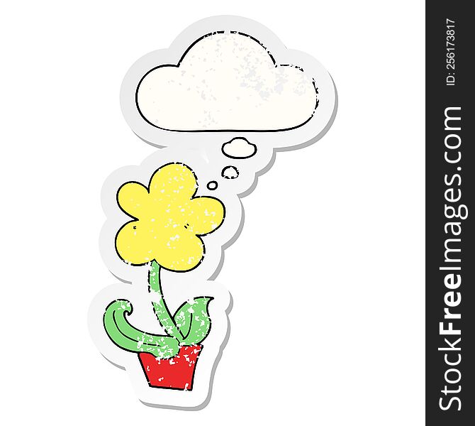 Cute Cartoon Flower And Thought Bubble As A Distressed Worn Sticker