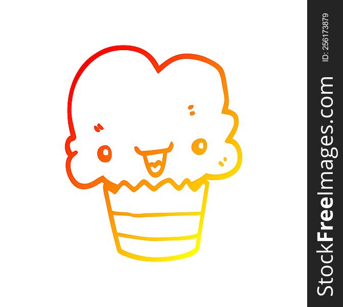 Warm Gradient Line Drawing Cartoon Cupcake With Face