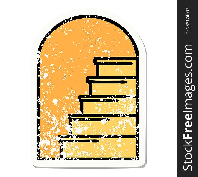 traditional distressed sticker tattoo of a doorway to steps