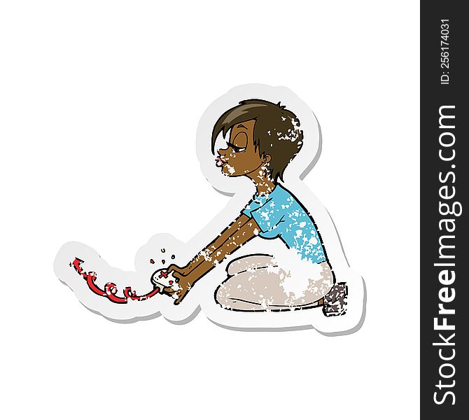 Retro Distressed Sticker Of A Cartoon Girl Playing Computer Games