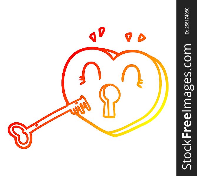 warm gradient line drawing cartoon heart with key