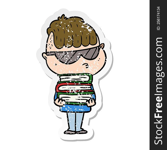 distressed sticker of a cartoon boy wearing sunglasses with stack of books